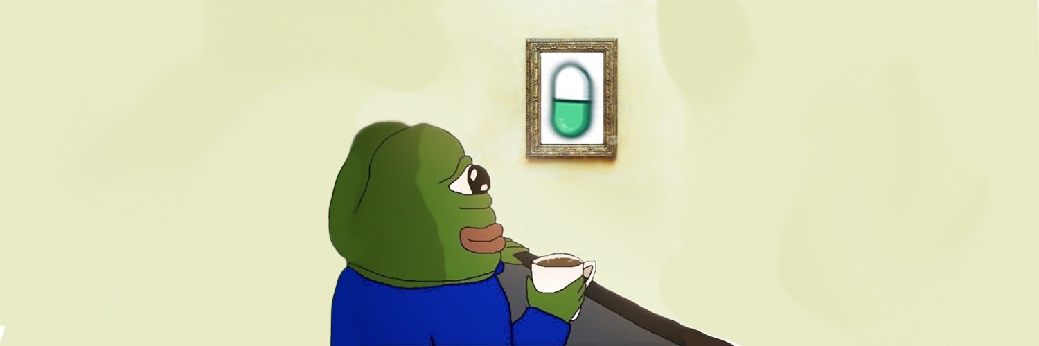 Pepe sipping coffee looking at framed pump.fun pill banner